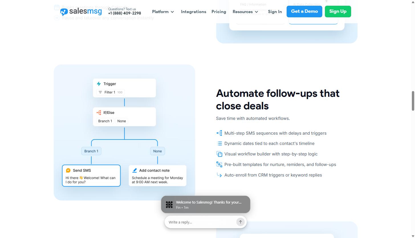 Salesmsg visual workflow builder showing a Trigger node with a filter, an If/Else branch node, and two resulting actions: Send SMS and Add contact note with a scheduled meeting time