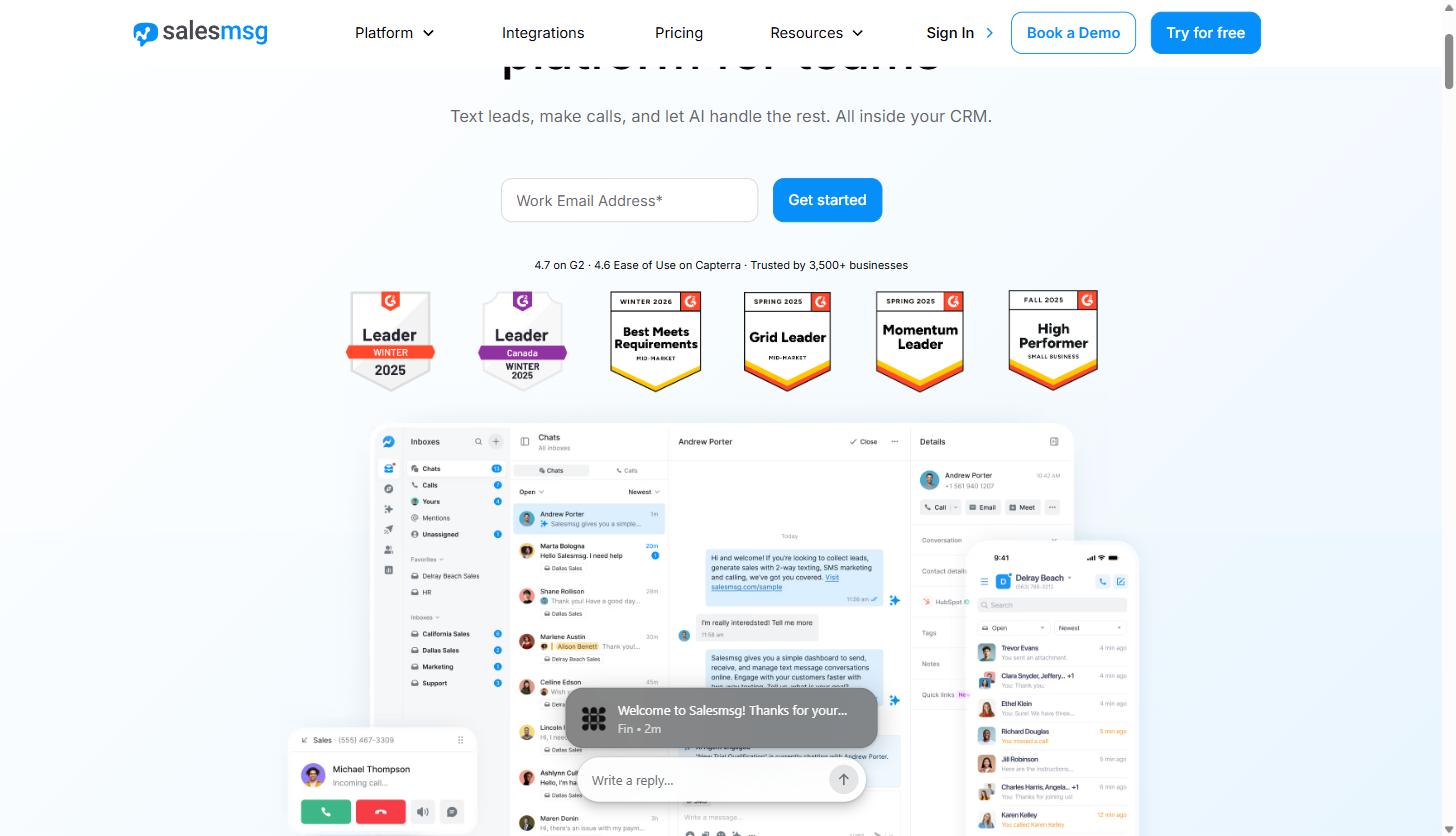 Salesmsg homepage showing the shared inbox interface with conversation list, active chat thread, and contact details panel