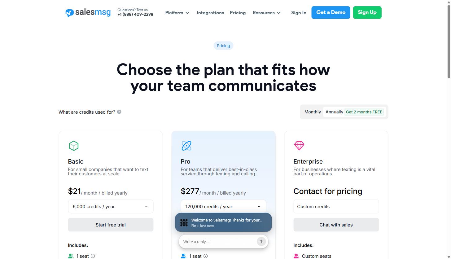 Salesmsg pricing page showing three plans: Basic at 21 dollars per month billed yearly, Pro at 277 dollars per month billed yearly, and Enterprise listed as contact for pricing