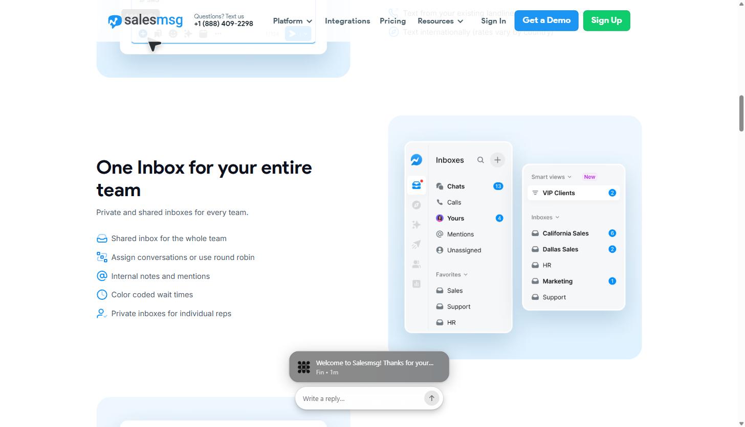 Salesmsg shared inbox screen showing separate team inboxes for California Sales, Dallas Sales, HR, Marketing, and Support, plus a Smart Views panel with a VIP Clients filter