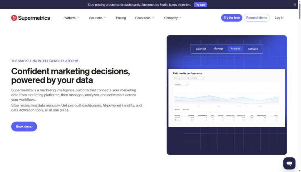 Supermetrics platform Analyze tab showing a pre-built Paid Media Performance dashboard with a conversions trend chart and a data source comparison table