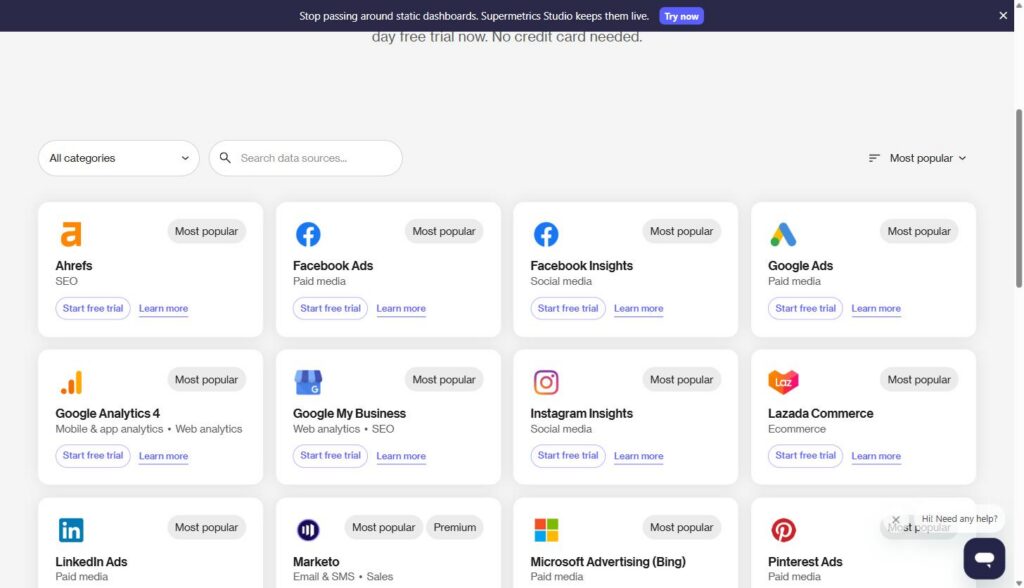 Supermetrics data source integrations page showing connector cards for Facebook Ads, Google Ads, Google Analytics 4, LinkedIn Ads, Microsoft Advertising, and other marketing platforms
