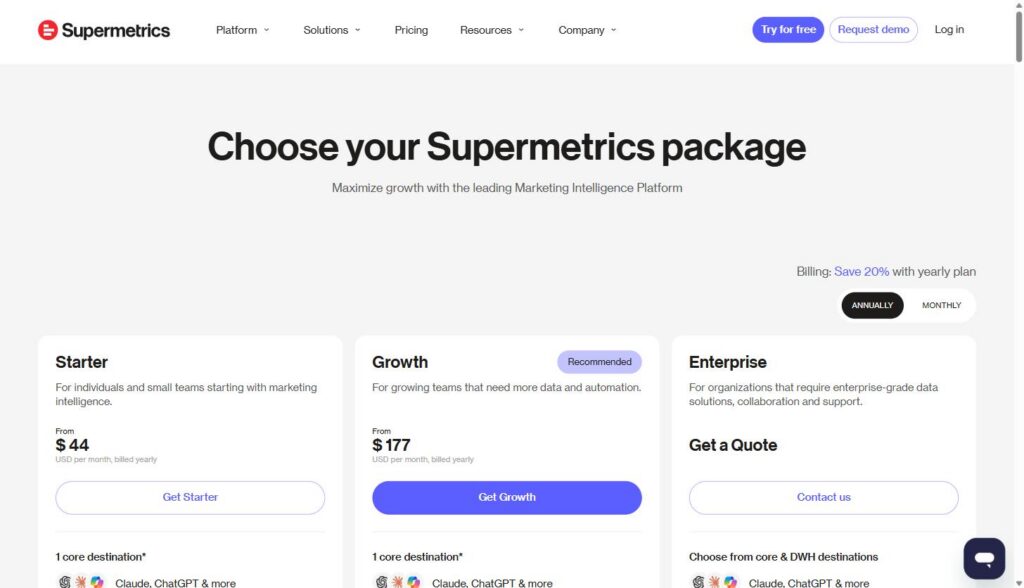 Supermetrics pricing page showing Starter at $44/month, Growth at $177/month, and Enterprise custom-quote plan tiers