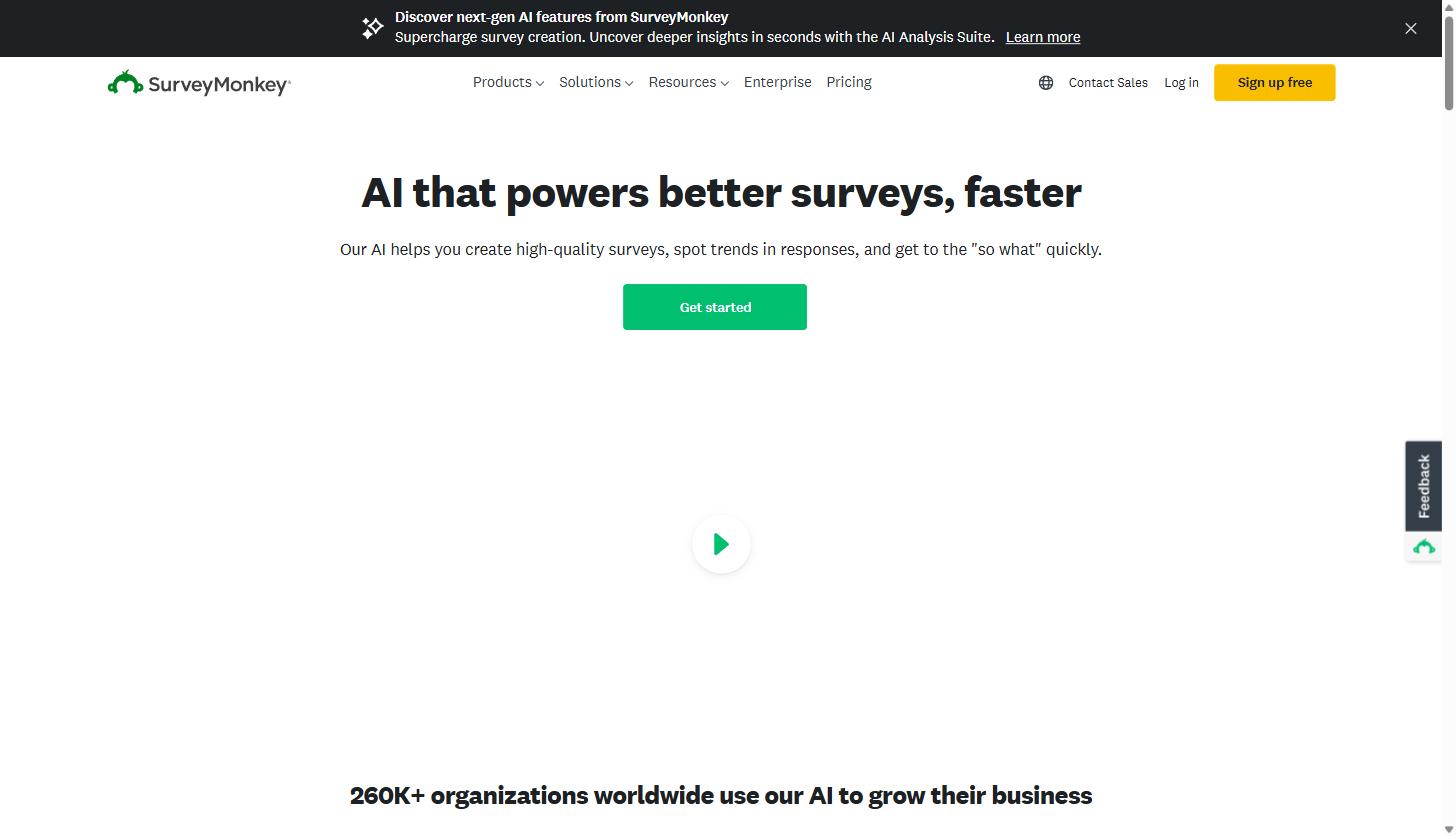 Running a Real NPS and Customer Feedback Program with SurveyMonkey: A Practical Guide for B2B SaaS Teams 1 SurveyMonkey AI features page showing the headline 'AI that powers better surveys, faster'