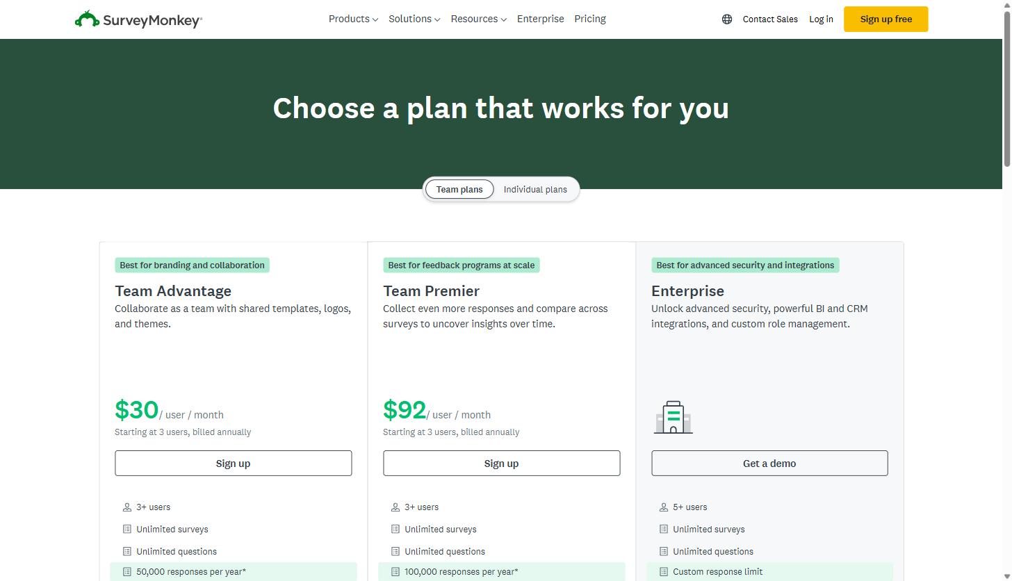 Running a Real NPS and Customer Feedback Program with SurveyMonkey: A Practical Guide for B2B SaaS Teams 2 SurveyMonkey pricing page showing Team Advantage, Team Premier, and Enterprise plan tiers