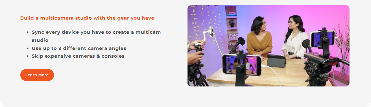 Switcher Studio for B2B Service Businesses and Agency Teams: A Practical Guide to Multi-Camera Livestreams Without a Production Crew 17 Switcher Studio multicamera studio setup showing two presenters at a table filmed by multiple iPhones mounted on tripods, synced through the app