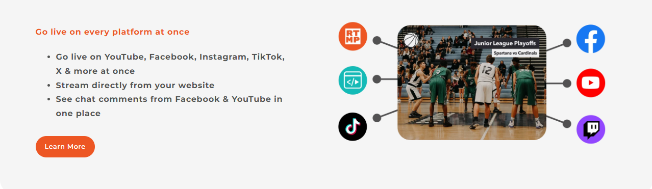 Switcher Studio for B2B Service Businesses and Agency Teams: A Practical Guide to Multi-Camera Livestreams Without a Production Crew 18 Switcher Studio multistreaming diagram showing a live sports broadcast connected simultaneously to RTMP, a website embed, TikTok, Facebook, YouTube, and Twitch