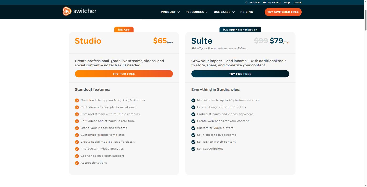 Switcher Studio for B2B Service Businesses and Agency Teams: A Practical Guide to Multi-Camera Livestreams Without a Production Crew 20 Switcher Studio pricing page showing the Studio plan at $65 per month and the Suite plan at $79 per month with their full standout feature lists