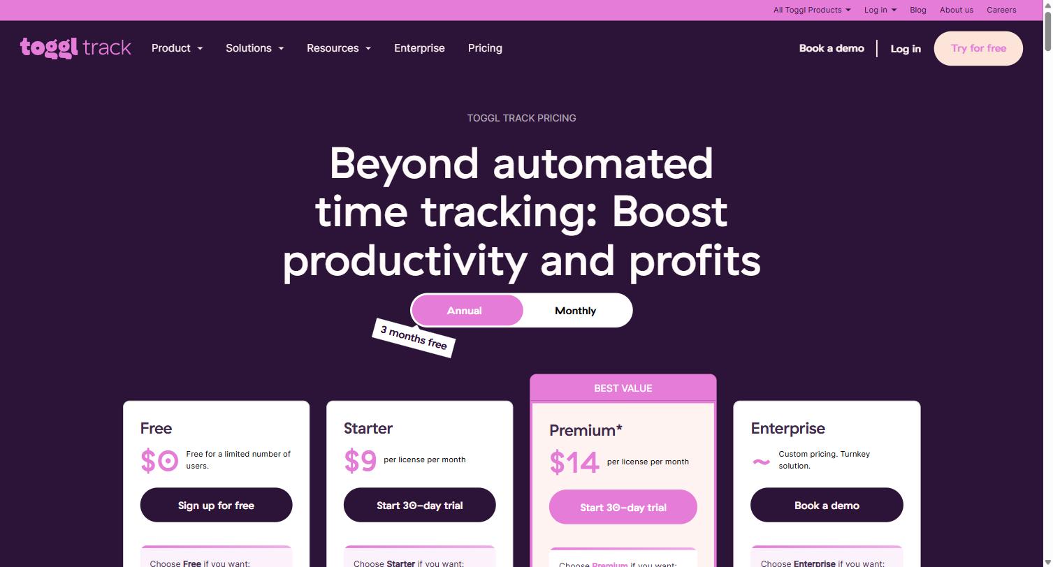 Toggl Track pricing page showing Free, Starter, Premium, and Enterprise plan tiers with monthly and annual pricing