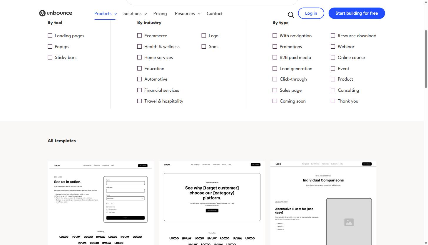 Screenshot of the Unbounce landing page template gallery showing demo request, comparison, and alternatives page templates