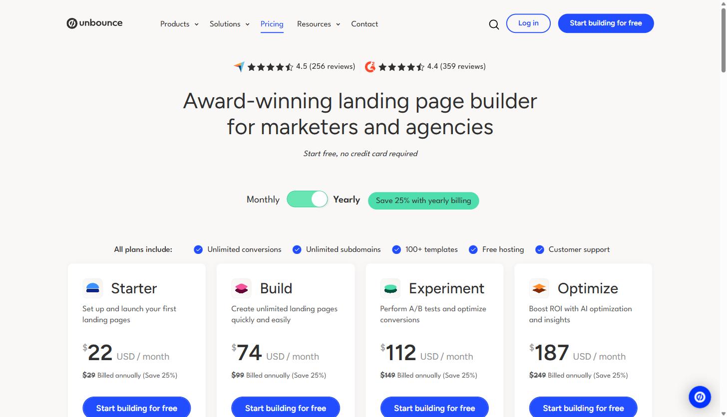 Screenshot of the Unbounce pricing page showing Starter, Build, Experiment, and Optimize plan tiers