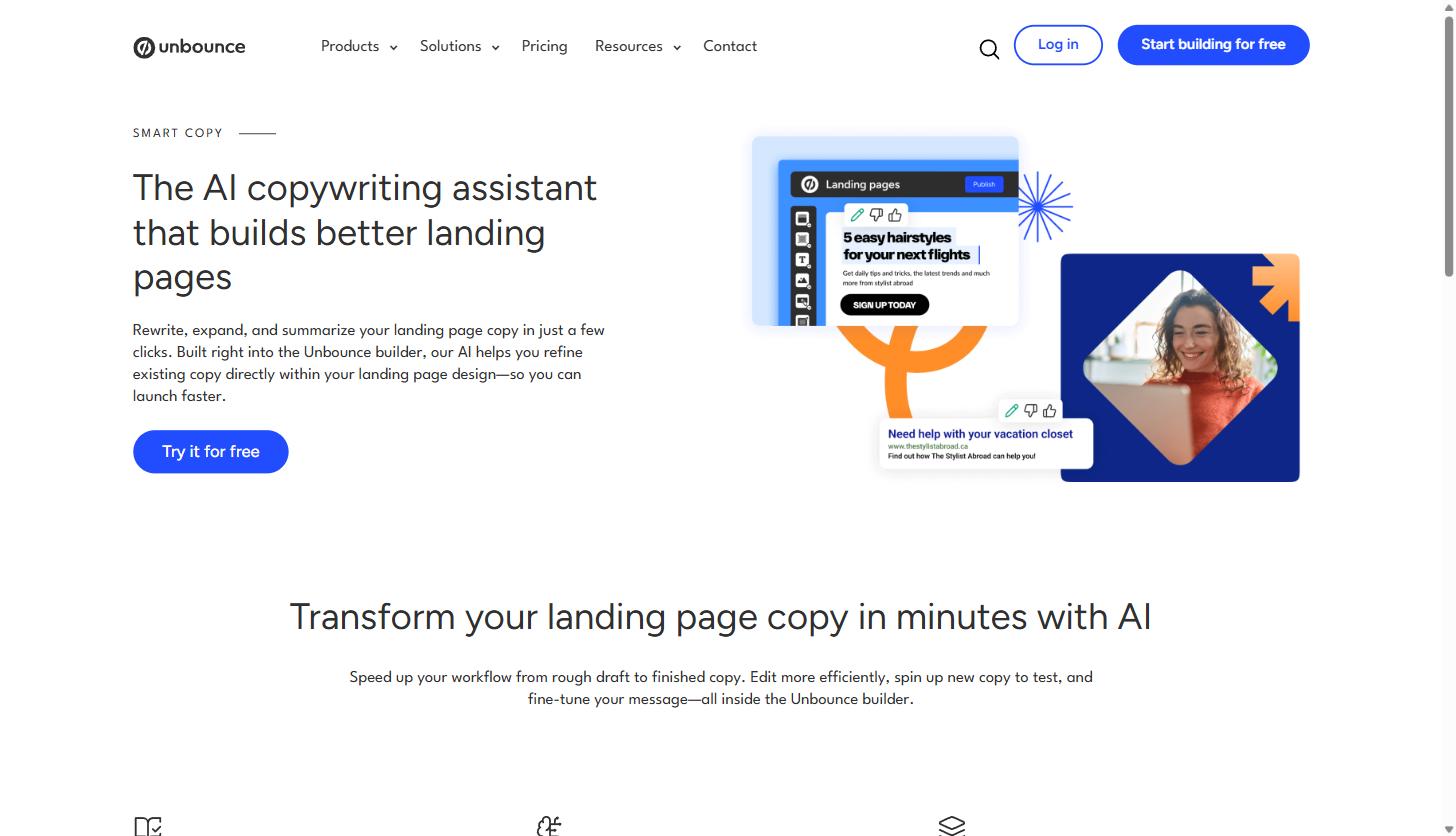 Screenshot of Unbounce Smart Copy, the AI copywriting assistant built into the landing page editor