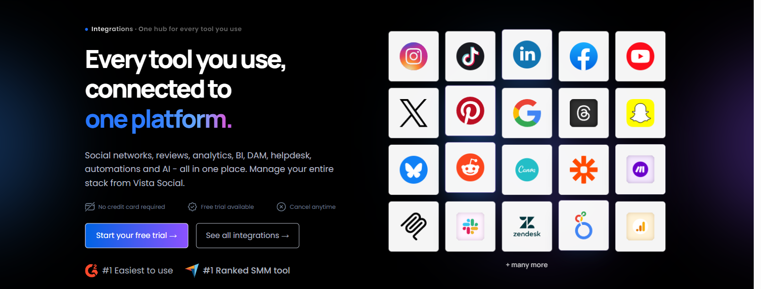 Vista Social integrations page showing icons for Instagram, TikTok, LinkedIn, Facebook, YouTube, X, Pinterest, Google, Threads, Snapchat, and other connected platforms
