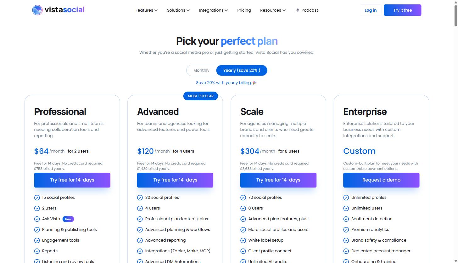 Managing Social Media for Multiple Clients Without Losing Your Mind: A Real Vista Social Walkthrough for Agencies 3 Vista Social pricing page comparing Professional, Advanced, Scale, and Enterprise plans