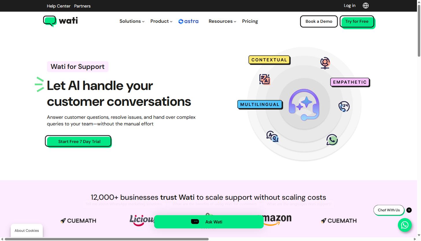 Wati.io for B2B SaaS and Agency Teams: A Practical Guide to WhatsApp-Based Lead Engagement and Support 14 Wati.io AI Support Agent page headline: Let AI handle your customer conversations, with contextual, empathetic, multilingual, and 24/7 capability icons