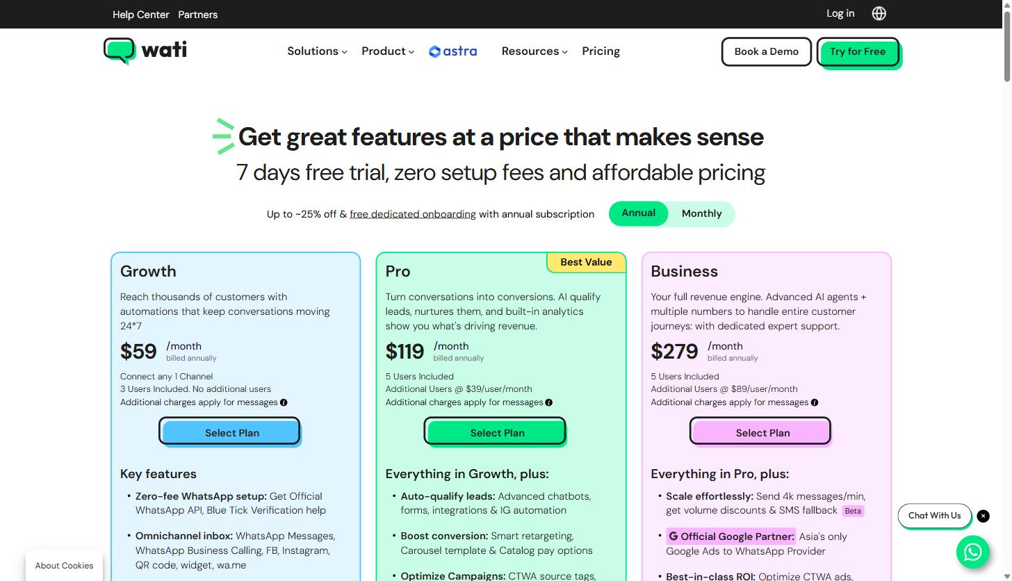 Wati.io for B2B SaaS and Agency Teams: A Practical Guide to WhatsApp-Based Lead Engagement and Support 16 Wati.io pricing page showing three plan cards: Growth at $59 per month, Pro at $119 per month marked Best Value, and Business at $279 per month, billed annually