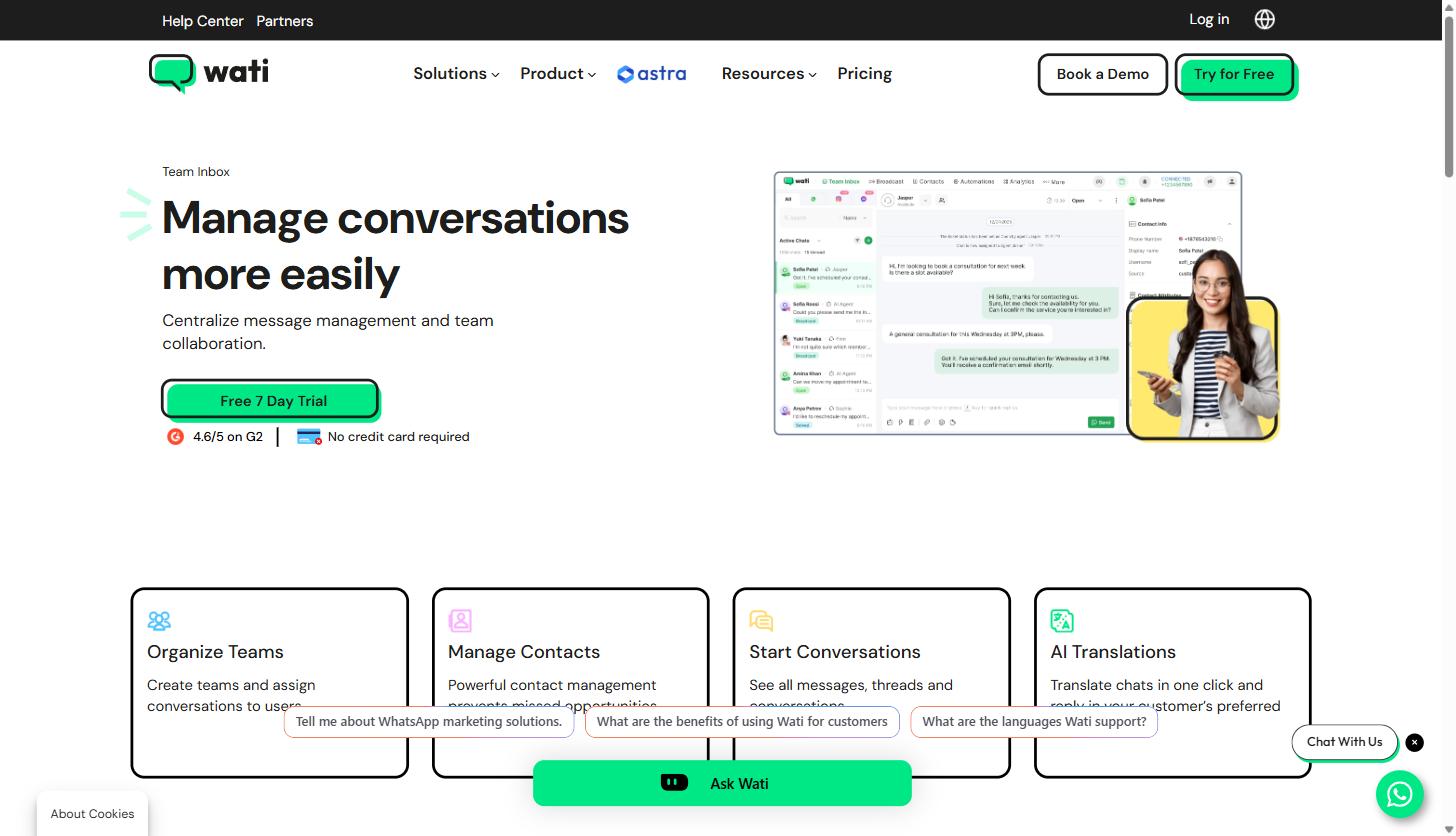 Wati.io for B2B SaaS and Agency Teams: A Practical Guide to WhatsApp-Based Lead Engagement and Support 13 Wati.io Shared Team Inbox product page showing the conversation view with contact info, tags, and assigned agent