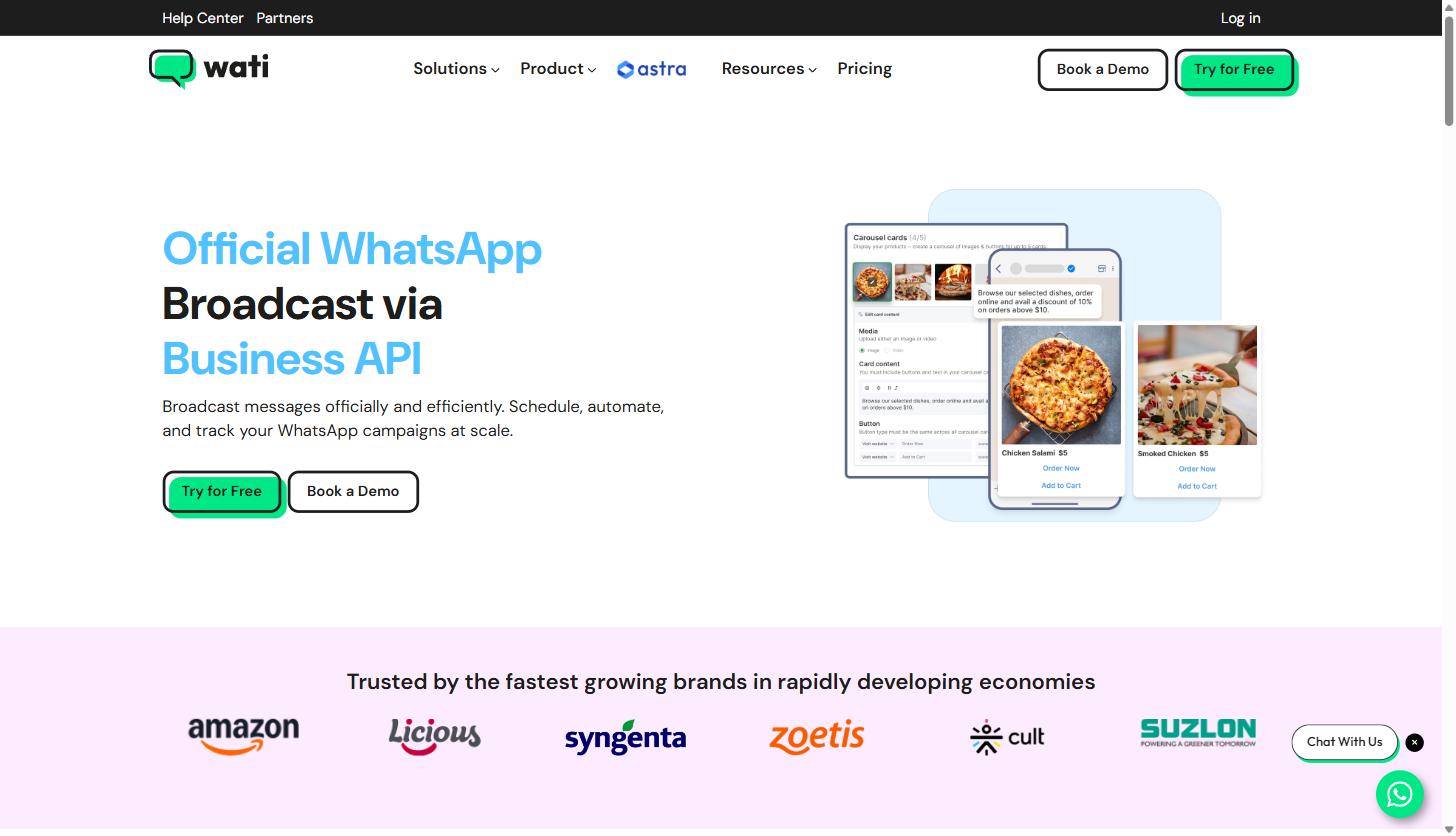 Wati.io for B2B SaaS and Agency Teams: A Practical Guide to WhatsApp-Based Lead Engagement and Support 15 Wati.io Official WhatsApp Broadcast via Business API page showing a carousel card message template mockup and trusted-by logos including Amazon, Licious, and Zoetis