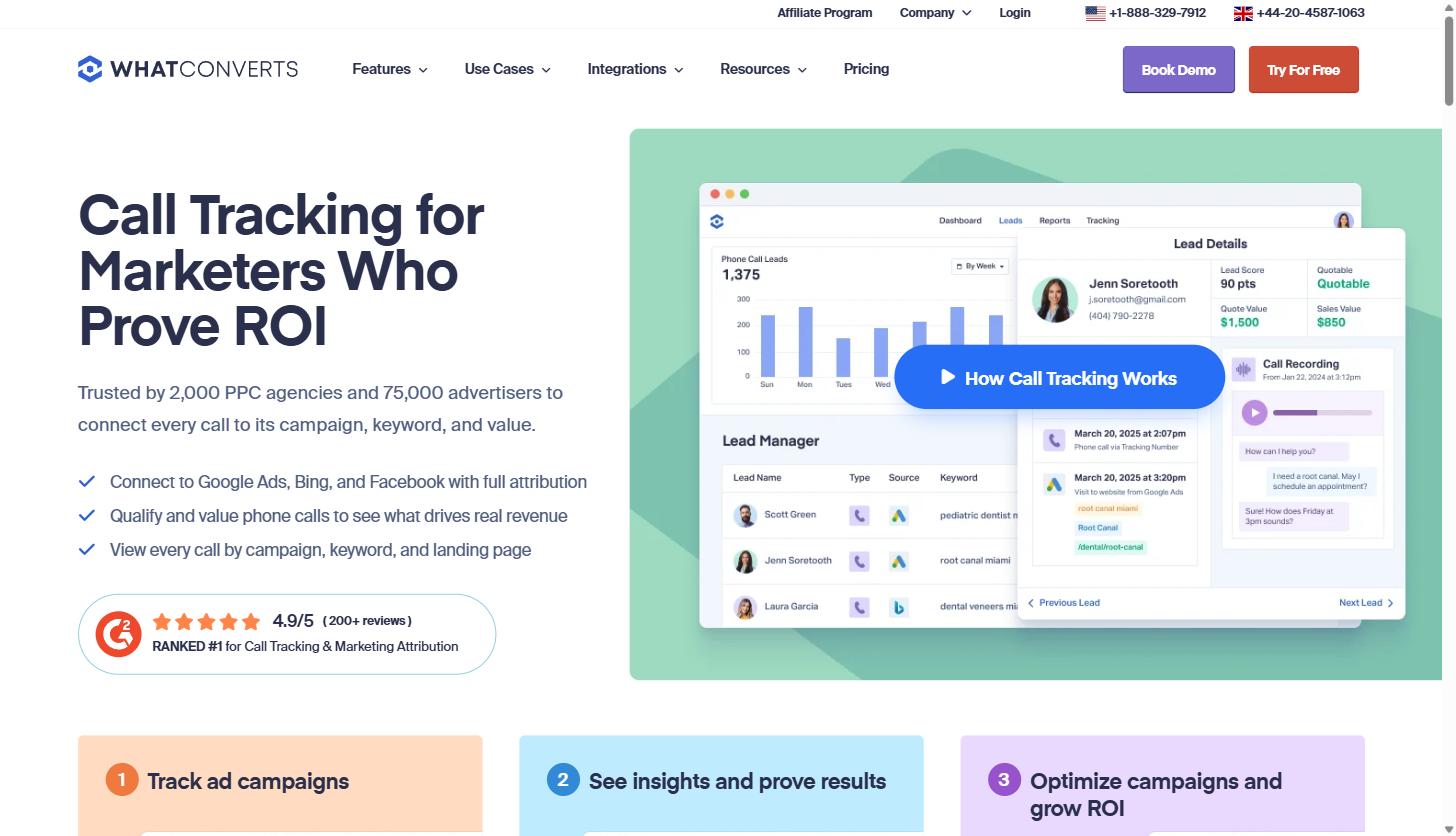 WhatConverts call tracking feature page showing a lead details panel with call recording, lead score, and quote and sale values tied to a phone call