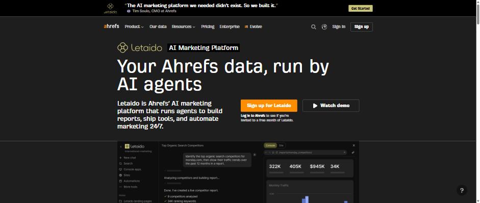 Does Agentic SEO Actually Move Traffic? We Checked the Companies Selling It 1 Ahrefs Letaido AI marketing platform homepage showing a chat interface building a competitor report with live traffic data