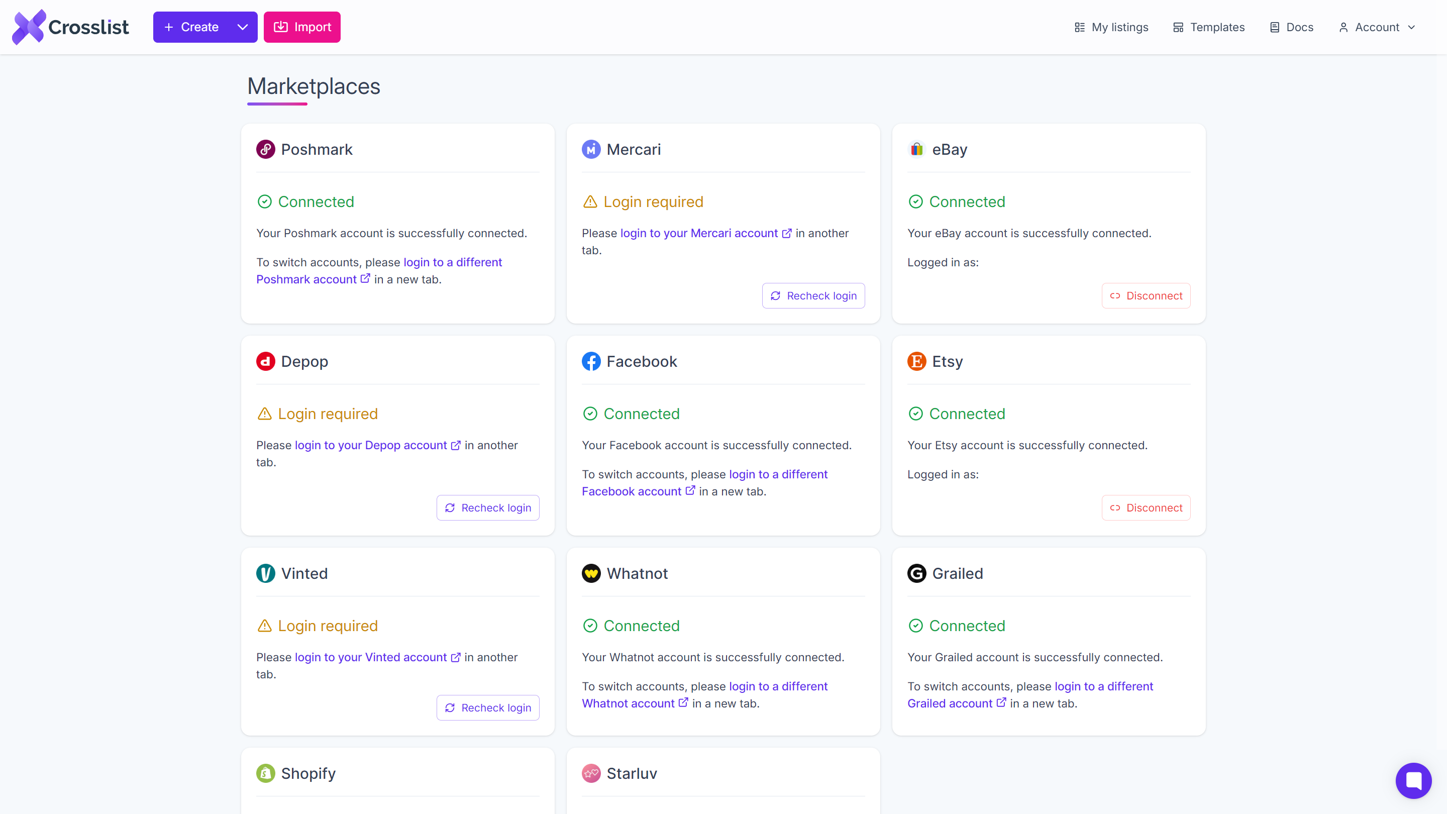Crosslist Affiliate Program: What SaaS Teams Can Learn From Its Partner Model 2 Crosslist Marketplaces page listing Poshmark, Mercari, eBay, Depop, Facebook, Etsy, Vinted, Whatnot, Grailed, Shopify and Starluv connection status
