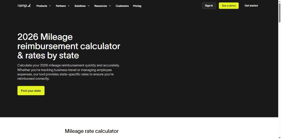 Ramp mileage reimbursement calculator landing page with a Find your state button