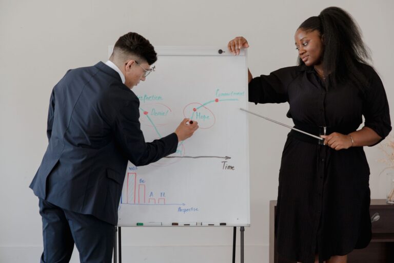 Two colleagues presenting strategy on a whiteboard, representing sales enablement coaching