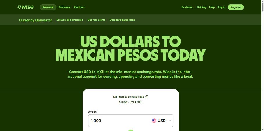 Wise currency converter page for US dollars to Mexican pesos, showing the templated headline and converter widget