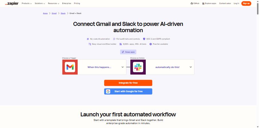 Zapier integration page for connecting Gmail and Slack, showing the templated headline and trigger/action selectors