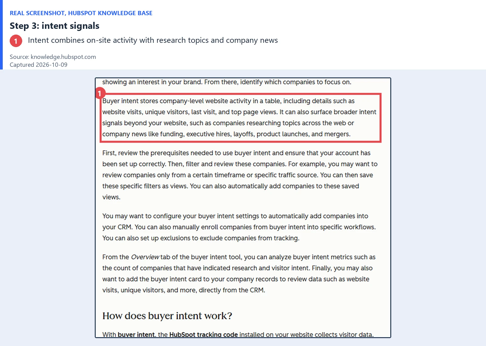 ABM Tools and Tactics: What to Actually Automate vs. Keep Human 9 Annotated screenshot of the HubSpot buyer intent documentation describing website activity, research topics and company news as intent signals
