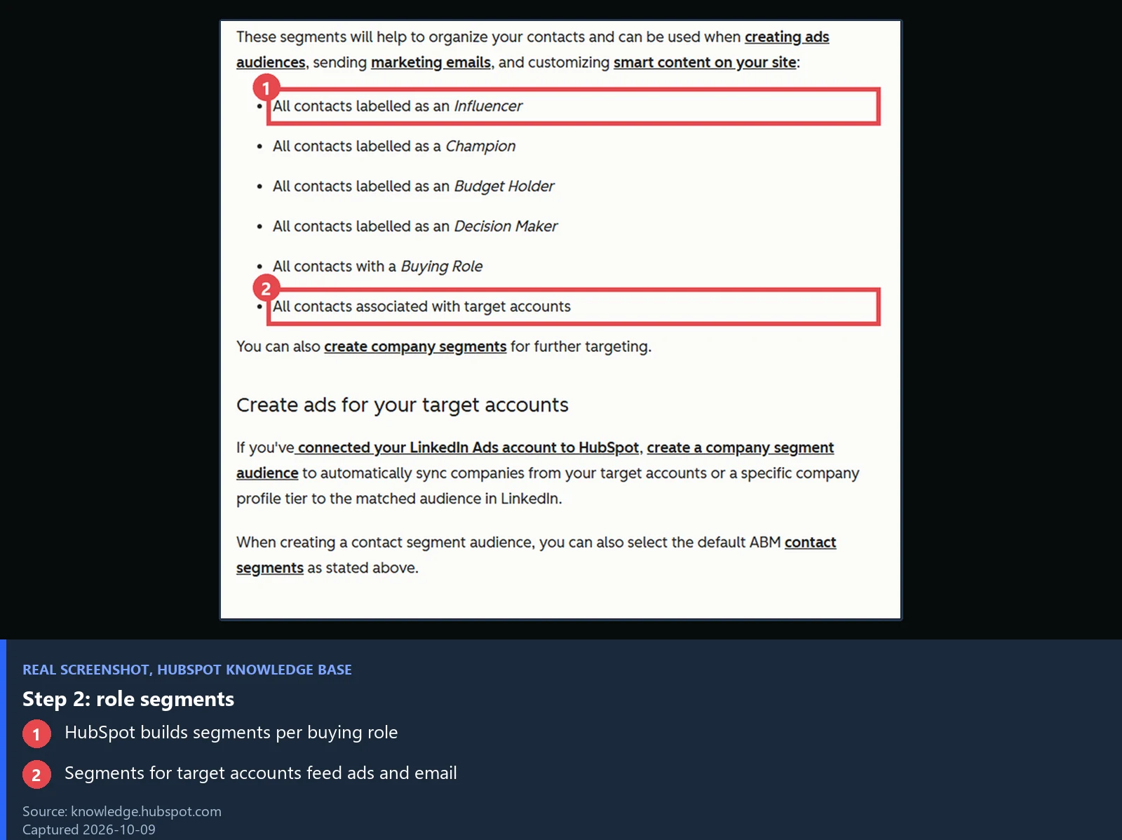 ABM Tools and Tactics: What to Actually Automate vs. Keep Human 8 Annotated screenshot of the HubSpot list of ABM contact segments by buying role such as Champion, Budget Holder and Decision Maker