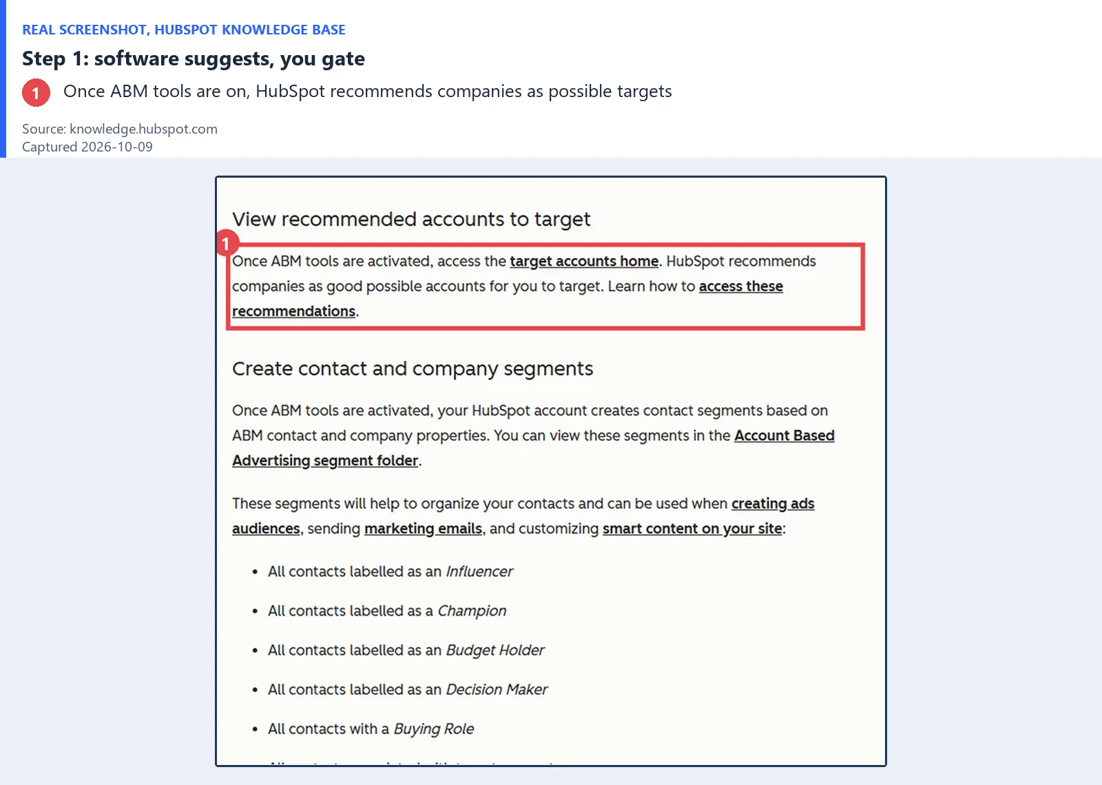 ABM Tools and Tactics: What to Actually Automate vs. Keep Human 5 Annotated screenshot of the HubSpot knowledge base noting that once ABM tools are activated HubSpot recommends companies as possible accounts to target