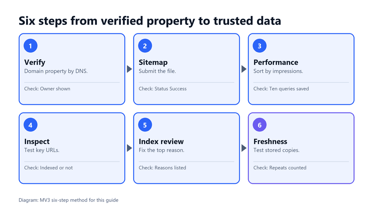 How to Use Google Search Console: 6 Steps 3 Diagram of six steps for using Search Console: verify, sitemap, performance report, inspect URL, index review, freshness check