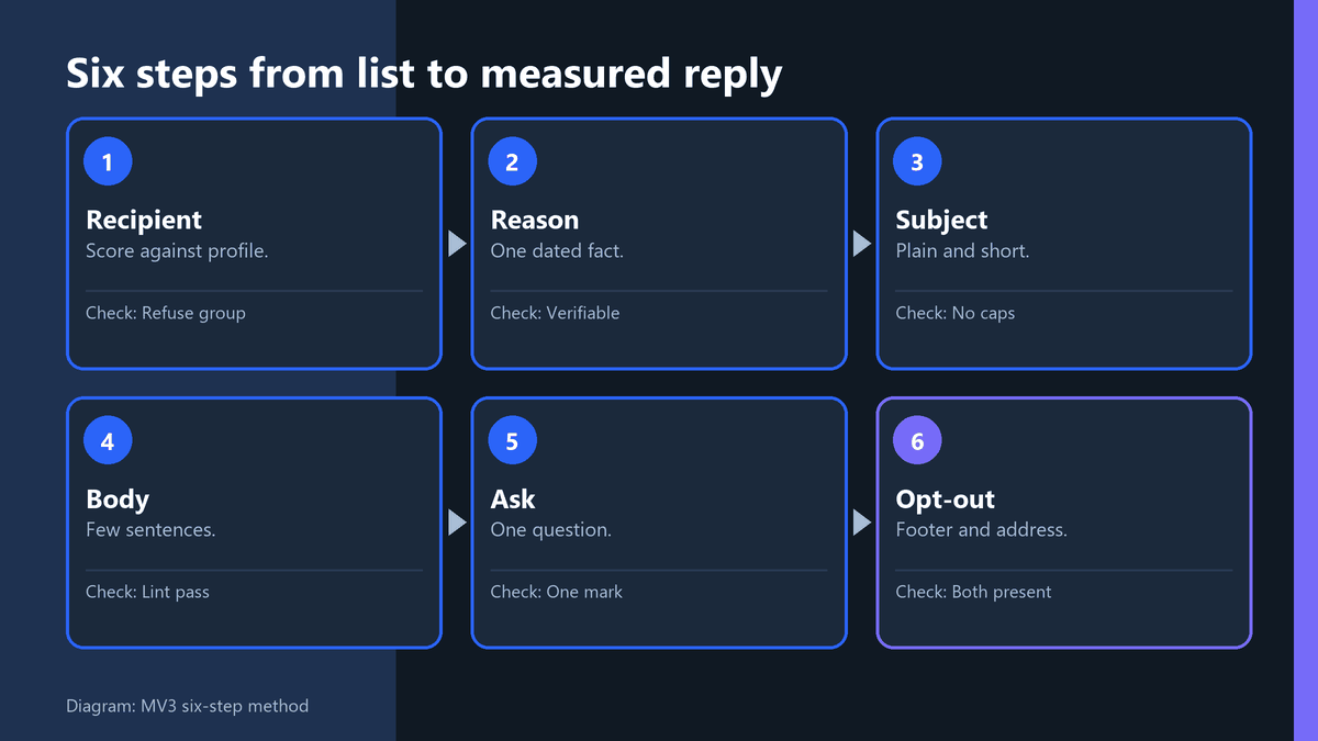 How to Write Cold Emails: A 6-Step B2B Guide 1 Diagram of six steps for writing a cold email: recipient, reason, subject, body, ask, opt-out and follow-up