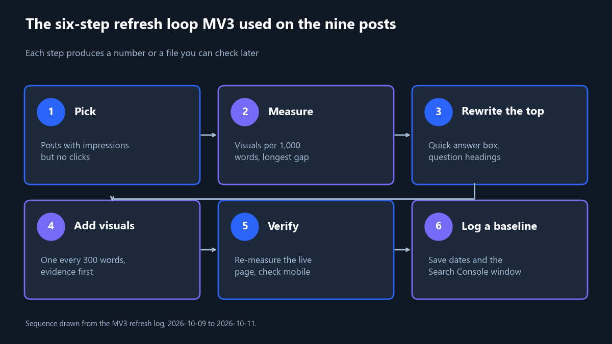 How to Refresh Old Blog Posts for SEO and AI Search 2 Diagram of the six-step refresh loop: pick, measure, rewrite the top, add visuals, verify, log a baseline