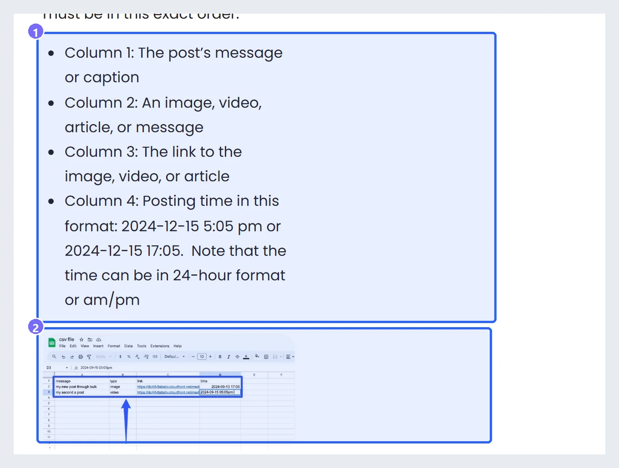 Managing Social Media for Multiple Clients Without Losing Your Mind: A Real Vista Social Walkthrough for Agencies 5 Screenshot of the Vista Social bulk scheduling guide listing the four required CSV columns and a Google Sheets example, with the column list boxed as 1 and the example sheet boxed as 2